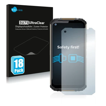 Vorderseite einer Produktverpackung mit dem Markenlogo Savvies. Daneben ist das Gerät Oukitel WP16 mit dem zugehörigen Display