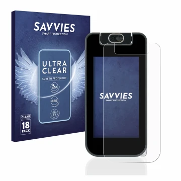 Vorderseite einer Produktverpackung mit dem Markenlogo Savvies. Daneben ist das Gerät Vtech Kidicom Advance 3.0 mit dem zugehö