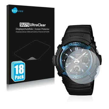 Vorderseite einer Produktverpackung mit dem Markenlogo Savvies. Daneben ist das Gerät Casio AWG M100 mit dem zugehörigen Displ