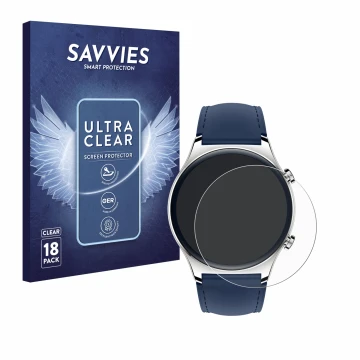 Vorderseite einer Produktverpackung mit dem Markenlogo Savvies. Daneben ist das Gerät Honor Watch GS 3 mit dem zugehörigen Dis