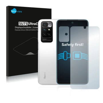 Vorderseite einer Produktverpackung mit dem Markenlogo Savvies. Daneben ist das Gerät Xiaomi Redmi 10 (Display+Kamera) mit dem