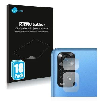 Vorderseite einer Produktverpackung mit dem Markenlogo Savvies. Daneben ist das Gerät Xiaomi Redmi Note 11 (NUR Kameraschutz) 