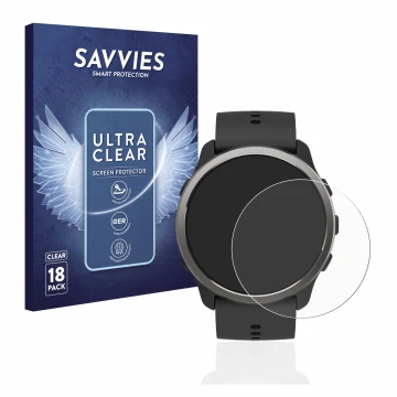 Vorderseite einer Produktverpackung mit dem Markenlogo Savvies. Daneben ist das Gerät Suunto 5 Peak mit dem zugehörigen Displa