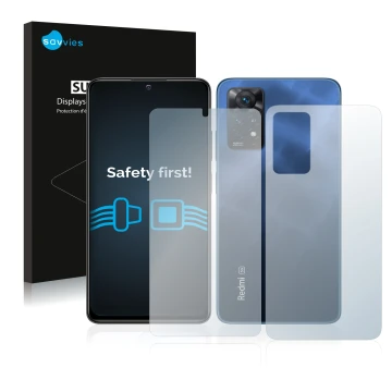 Vorderseite einer Produktverpackung mit dem Markenlogo Savvies. Daneben ist das Gerät Xiaomi Redmi Note 11 Pro 5G (Display+Rüc