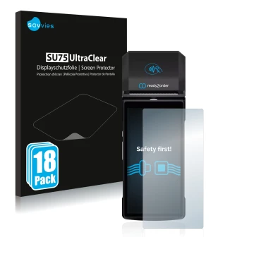 Vorderseite einer Produktverpackung mit dem Markenlogo Savvies. Daneben ist das Gerät Ready2order ReadyGo mit dem zugehörigen 