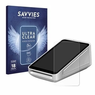 Vorderseite einer Produktverpackung mit dem Markenlogo Savvies. Daneben ist das Gerät Square Terminal mit dem zugehörigen Disp
