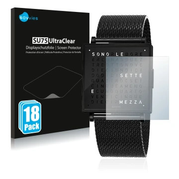 Vorderseite einer Produktverpackung mit dem Markenlogo Savvies. Daneben ist das Gerät Qlocktwo W35 mit dem zugehörigen Display