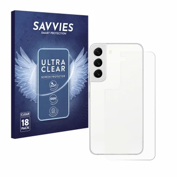 Vorderseite einer Produktverpackung mit dem Markenlogo Savvies. Daneben ist das Gerät Samsung Galaxy S22 5G (Rückseite) mit de