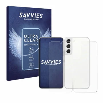 Vorderseite einer Produktverpackung mit dem Markenlogo Savvies. Daneben ist das Gerät Samsung Galaxy S22 5G (Display+Rückseite