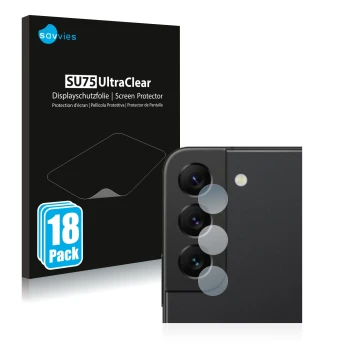 Vorderseite einer Produktverpackung mit dem Markenlogo Savvies. Daneben ist das Gerät Samsung Galaxy S22 5G (NUR Kameraschutz)