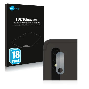 Vorderseite einer Produktverpackung mit dem Markenlogo Savvies. Daneben ist das Gerät Samsung Galaxy Tab S8 Plus WiFi (NUR Kam