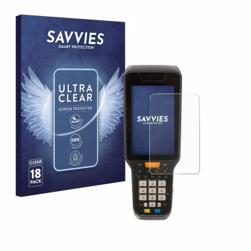 Vorderseite einer Produktverpackung mit dem Markenlogo Savvies. Daneben ist das Gerät Datalogic Skorpio X5 mit dem zugehörigen