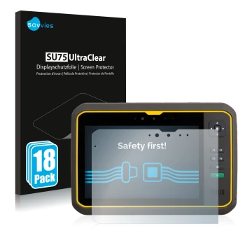 Vorderseite einer Produktverpackung mit dem Markenlogo Savvies. Daneben ist das Gerät Trimble T7 mit dem zugehörigen Displaysc