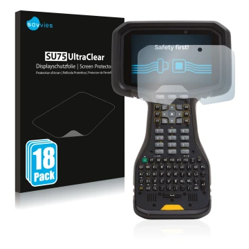 Vorderseite einer Produktverpackung mit dem Markenlogo Savvies. Daneben ist das Gerät Trimble TSC5 mit dem zugehörigen Display