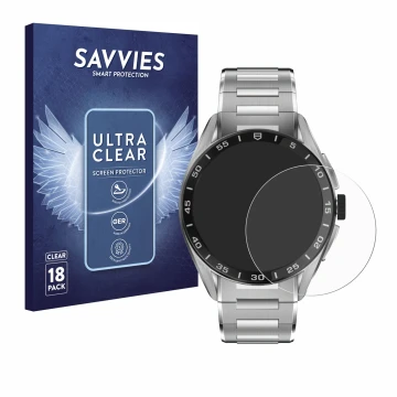 Vorderseite einer Produktverpackung mit dem Markenlogo Savvies. Daneben ist das Gerät TAG Heuer Connected Calibre E4 (45 mm) m