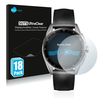 Vorderseite einer Produktverpackung mit dem Markenlogo Savvies. Daneben ist das Gerät TAG Heuer Connected Calibre E4 (42 mm) m