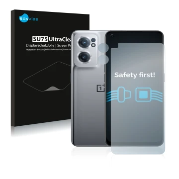 Vorderseite einer Produktverpackung mit dem Markenlogo Savvies. Daneben ist das Gerät OnePlus Nord CE 2 5G (Display+Kamera) mi