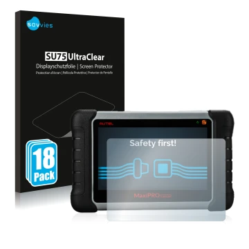 Vorderseite einer Produktverpackung mit dem Markenlogo Savvies. Daneben ist das Gerät Autel MaxiPRO MP808TS mit dem zugehörige