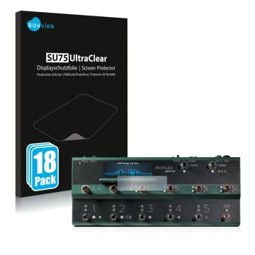 Vorderseite einer Produktverpackung mit dem Markenlogo Savvies. Daneben ist das Gerät Kemper Profiler Remote mit dem zugehörig