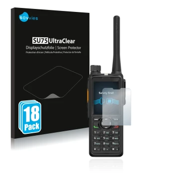 Vorderseite einer Produktverpackung mit dem Markenlogo Savvies. Daneben ist das Gerät Hytera HP785 mit dem zugehörigen Display