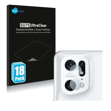 Vorderseite einer Produktverpackung mit dem Markenlogo Savvies. Daneben ist das Gerät Oppo Find X5 Pro (NUR Kameraschutz) mit 