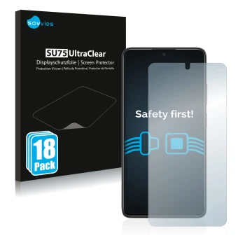 Vorderseite einer Produktverpackung mit dem Markenlogo Savvies. Daneben ist das Gerät Xiaomi Poco X4 Pro 5G mit dem zugehörige