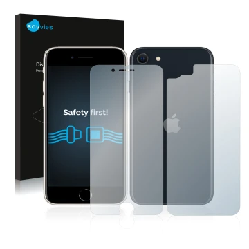 Vorderseite einer Produktverpackung mit dem Markenlogo Savvies. Daneben ist das Gerät Apple iPhone SE 3 2022 (Display+Rückseit