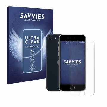 Vorderseite einer Produktverpackung mit dem Markenlogo Savvies. Daneben ist das Gerät Apple iPhone SE 3 2022 (Display+Kamera) 