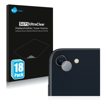 Vorderseite einer Produktverpackung mit dem Markenlogo Savvies. Daneben ist das Gerät Apple iPhone SE 3 2022 (NUR Kameraschutz