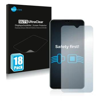Vorderseite einer Produktverpackung mit dem Markenlogo Savvies. Daneben ist das Gerät Samsung Galaxy M23 mit dem zugehörigen D