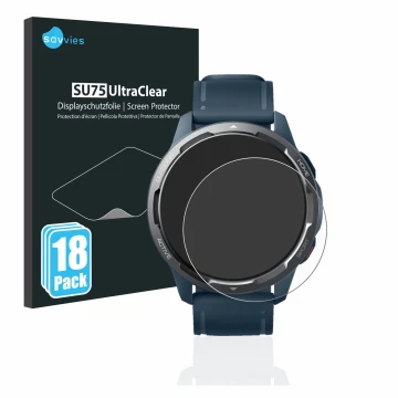 Vorderseite einer Produktverpackung mit dem Markenlogo Savvies. Daneben ist das Gerät Xiaomi Watch S1 Active mit dem zugehörig