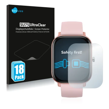 Vorderseite einer Produktverpackung mit dem Markenlogo Savvies. Daneben ist das Gerät DCU Tecnologic Smartwatch Curved Glass m