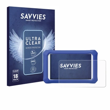 Vorderseite einer Produktverpackung mit dem Markenlogo Savvies. Daneben ist das Gerät Clementoni Clempad X Revolution mit dem 