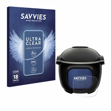 Vorderseite einer Produktverpackung mit dem Markenlogo Savvies. Daneben ist das Gerät Krups Cook4me Touch Wifi mit dem zugehör