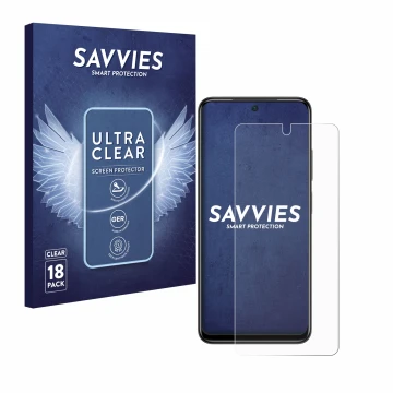 Vorderseite einer Produktverpackung mit dem Markenlogo Savvies. Daneben ist das Gerät Xiaomi Poco M4 Pro mit dem zugehörigen D