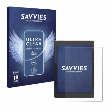 Vorderseite einer Produktverpackung mit dem Markenlogo Savvies. Daneben ist das Gerät Boox Nova Air C mit dem zugehörigen Disp