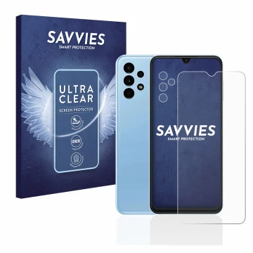 Vorderseite einer Produktverpackung mit dem Markenlogo Savvies. Daneben ist das Gerät Samsung Galaxy A13 (Display+Kamera) mit 