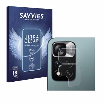 Vorderseite einer Produktverpackung mit dem Markenlogo Savvies. Daneben ist das Gerät Xiaomi Redmi Note 11 Pro+ 5G (NUR Kamera