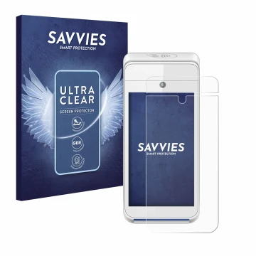 Vorderseite einer Produktverpackung mit dem Markenlogo Savvies. Daneben ist das Gerät Pax A920 mit dem zugehörigen Displayschu
