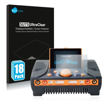 Vorderseite einer Produktverpackung mit dem Markenlogo Savvies. Daneben ist das Gerät Junsi iCharger 406 Duo mit dem zugehörig