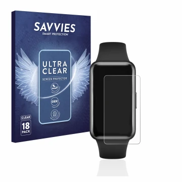 Vorderseite einer Produktverpackung mit dem Markenlogo Savvies. Daneben ist das Gerät Huawei Band 7 mit dem zugehörigen Displa