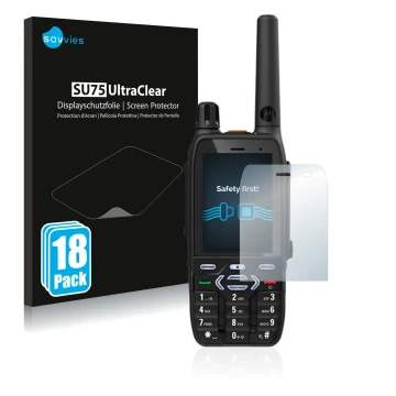 Vorderseite einer Produktverpackung mit dem Markenlogo Savvies. Daneben ist das Gerät Motorola MXP600 mit dem zugehörigen Disp