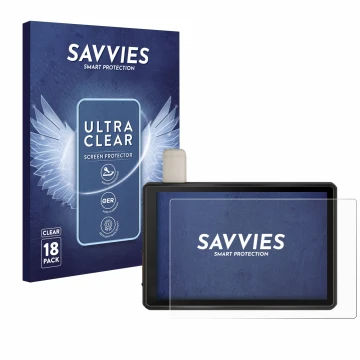 Vorderseite einer Produktverpackung mit dem Markenlogo Savvies. Daneben ist das Gerät Garmin Tread Overland Edition 8