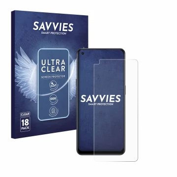 Vorderseite einer Produktverpackung mit dem Markenlogo Savvies. Daneben ist das Gerät Oppo Reno 8 Lite mit dem zugehörigen Dis