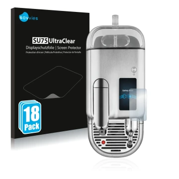 Vorderseite einer Produktverpackung mit dem Markenlogo Savvies. Daneben ist das Gerät Sage Nespresso Creatista Pro mit dem zug