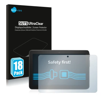 Vorderseite einer Produktverpackung mit dem Markenlogo Savvies. Daneben ist das Gerät Amazon Fire 7 2022 mit dem zugehörigen D