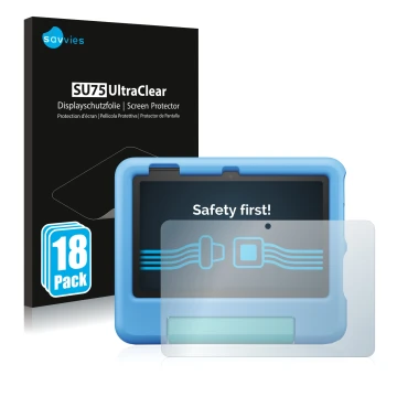 Vorderseite einer Produktverpackung mit dem Markenlogo Savvies. Daneben ist das Gerät Amazon Fire 7 Kids 2022 mit dem zugehöri
