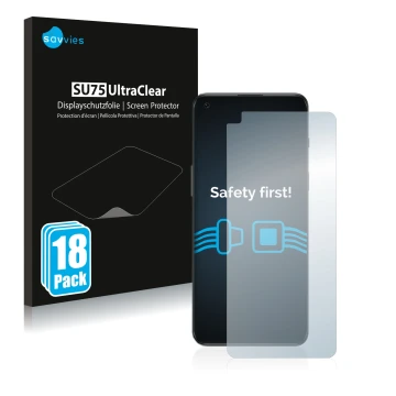 Vorderseite einer Produktverpackung mit dem Markenlogo Savvies. Daneben ist das Gerät OnePlus Nord 2T 5G mit dem zugehörigen D