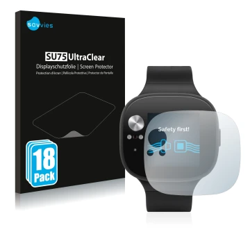 Vorderseite einer Produktverpackung mit dem Markenlogo Savvies. Daneben ist das Gerät ASUS Vivowatch BP mit dem zugehörigen Di