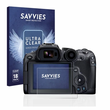 Vorderseite einer Produktverpackung mit dem Markenlogo Savvies. Daneben ist das Gerät Canon EOS R7 mit dem zugehörigen Display